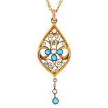 A turquoise and split pearl openwork pendant, early 20th c, in gold, 45mm, marked 9ct, the gold