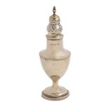 A George III vase shaped silver caster and cover, with reeded rims, 17cm h, by Solomon Hougham,