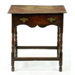 A George III oak side table, turned legs, 68cm h; 48 x 65cm Top stained, handles replaced
