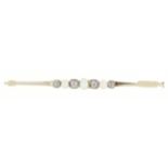 A diamond and cultured pearl bar brooch, in gold, 56mm l, marked 585, 3g Good condition