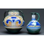 A Gouda art pottery vase and ewer, first half 20th c, 18 and 19cm h, incised numbers, painted