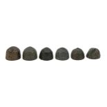 Six European bronze and brass skep thimbles, 14th/16th c, various sizes Two dented but all