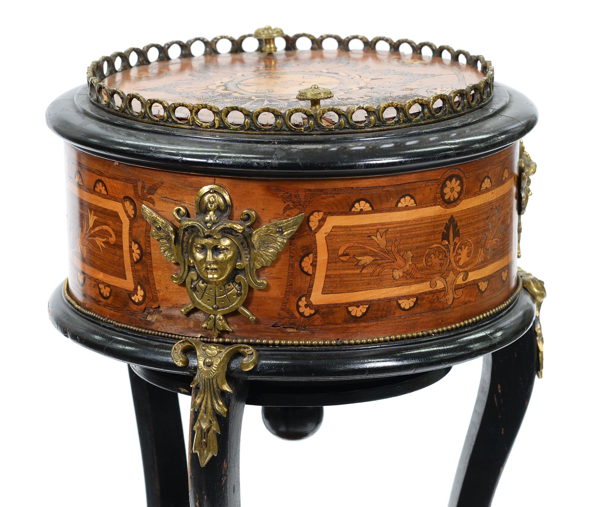 A French kingwood, marquetry and ebonised jardiniere, late 19th c,  with giltmetal mounts, the round - Image 2 of 2