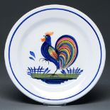 A Quimper faience wall plate, 20th c, painted with a cockerel, 25cm diam, painted mark Good