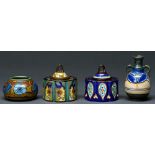 Two Gouda art pottery inkwells and covers, miniature vase and a jar, first half 20th c, vase 10cm h,