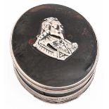 An English silver mounted oval tortoiseshell tobacco box and cover,  late 17th c,  the cover applied