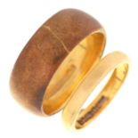 A 22ct gold wedding ring, marks obscured, 3.8g, size J and another ring (2) Wear