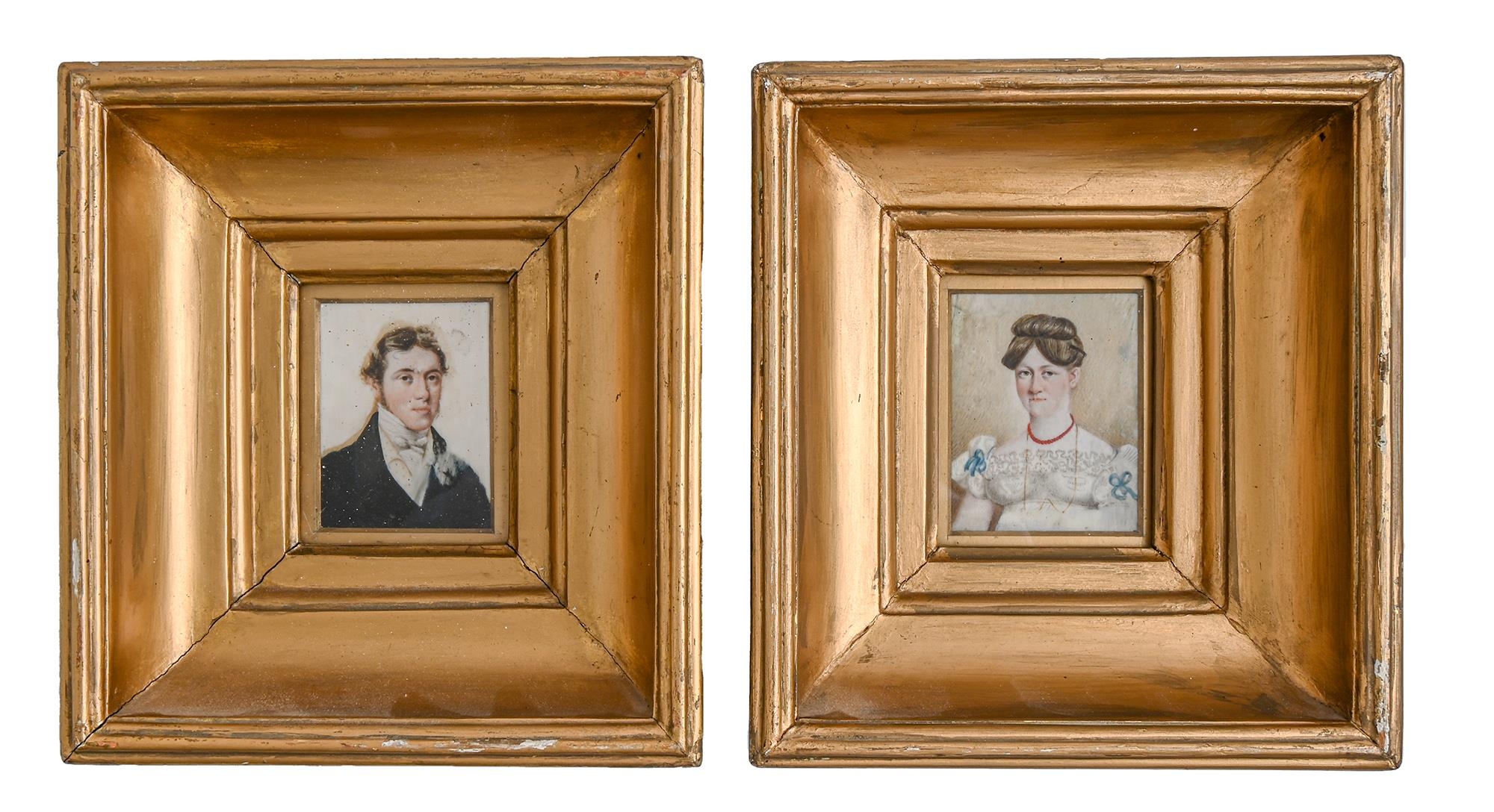 English School, 19th century - Portrait Miniatures of Mr & Mrs Hooper,  he in a black coat and white