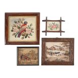 A Victorian woolwork picture of a parrot and roses, 24 x 26cm and three others, variously framed