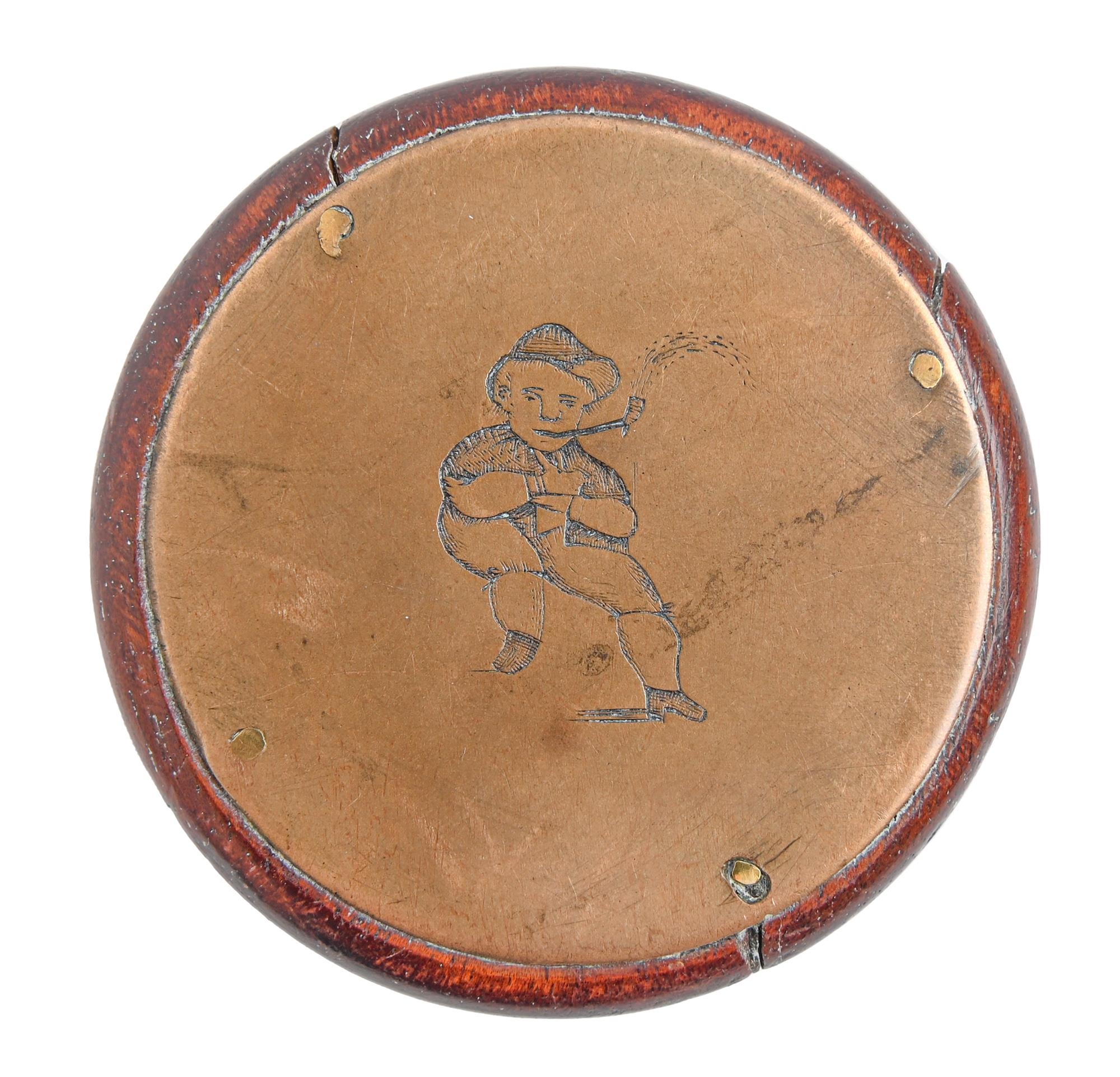 A Victorian round brass faced and backed two finger snuff box,  engraved with initials, the back - Image 2 of 2