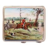 A silver and enamel cigarette case, the front decorated with fox hunters in full cry, 85mm l, import