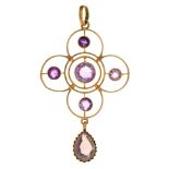 An amethyst openwork pendant, early 20th c, in gold, 44mm h, marked 9ct, 3.2g Good condition