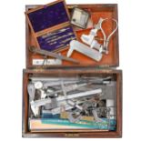 Miscellaneous precision callipers, rules, draughtsman's instruments and other items, in a