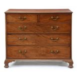 A George III mahogany chest of drawers, with oak and deal lined drawers, on ogee feet, the brass