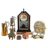 A brass and ferrous metal miner's safety lamp, a 19th c softwood mantel or shelf clock, etc