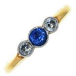 A sapphire and diamond ring, millegrain set, gold hoop marked PLAT 18CT, 3.2g, size Q½ Wear