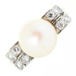 A cultured pearl and diamond ring, in platinum, unmarked, 5.4g, size J½ Light wear scratches on