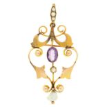 An amethyst, baroque pearl and split pearl openwork brooch-pendant, c1910, in gold, 43mm, marked
