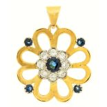 A sapphire and diamond flower shaped pendant, in 18ct gold, with pierced petals around central