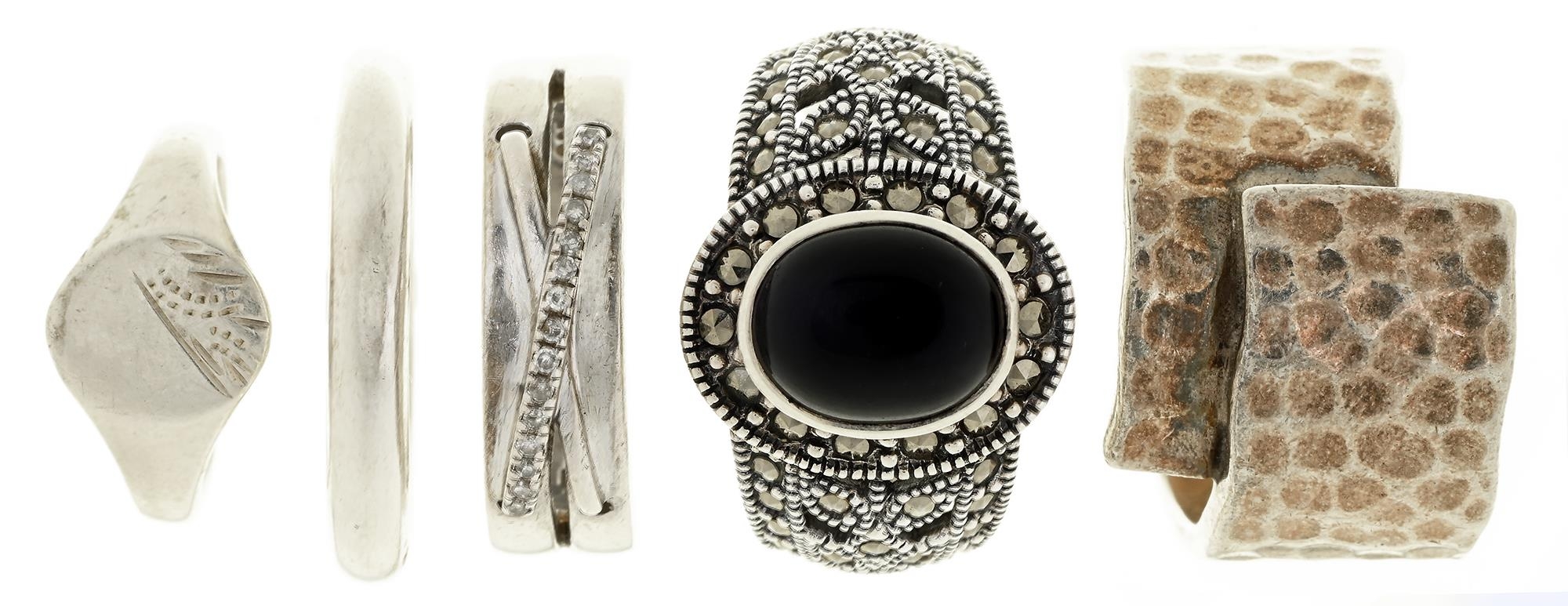 Five silver rings, one with diamond accents, another marcasite, 30g,  sizes, L, M and D½