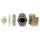 Five silver rings, one with diamond accents, another marcasite, 30g,  sizes, L, M and D½