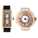 An 18ct gold rectangular lady's wristwatch, 14 x 24mm, import marked Glasgow 1930 and a 9ct gold