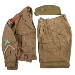 A WWII British Army battledress, comprising blouse of Lance Corporal Davis Worcestershire