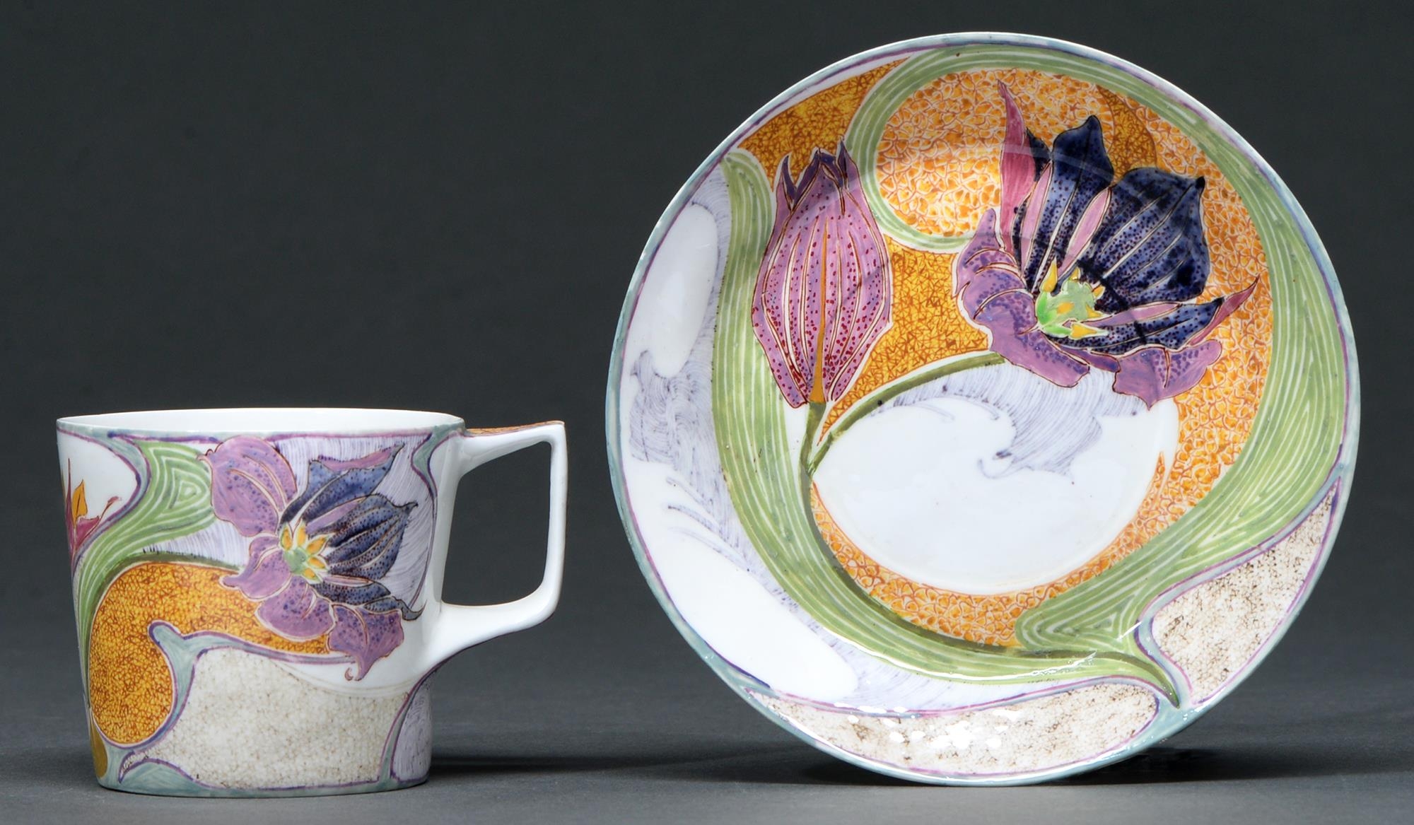 A Rosenburg eggshell porcelain Art Nouveau cup and saucer, 1902, painted with tulips and sinuous