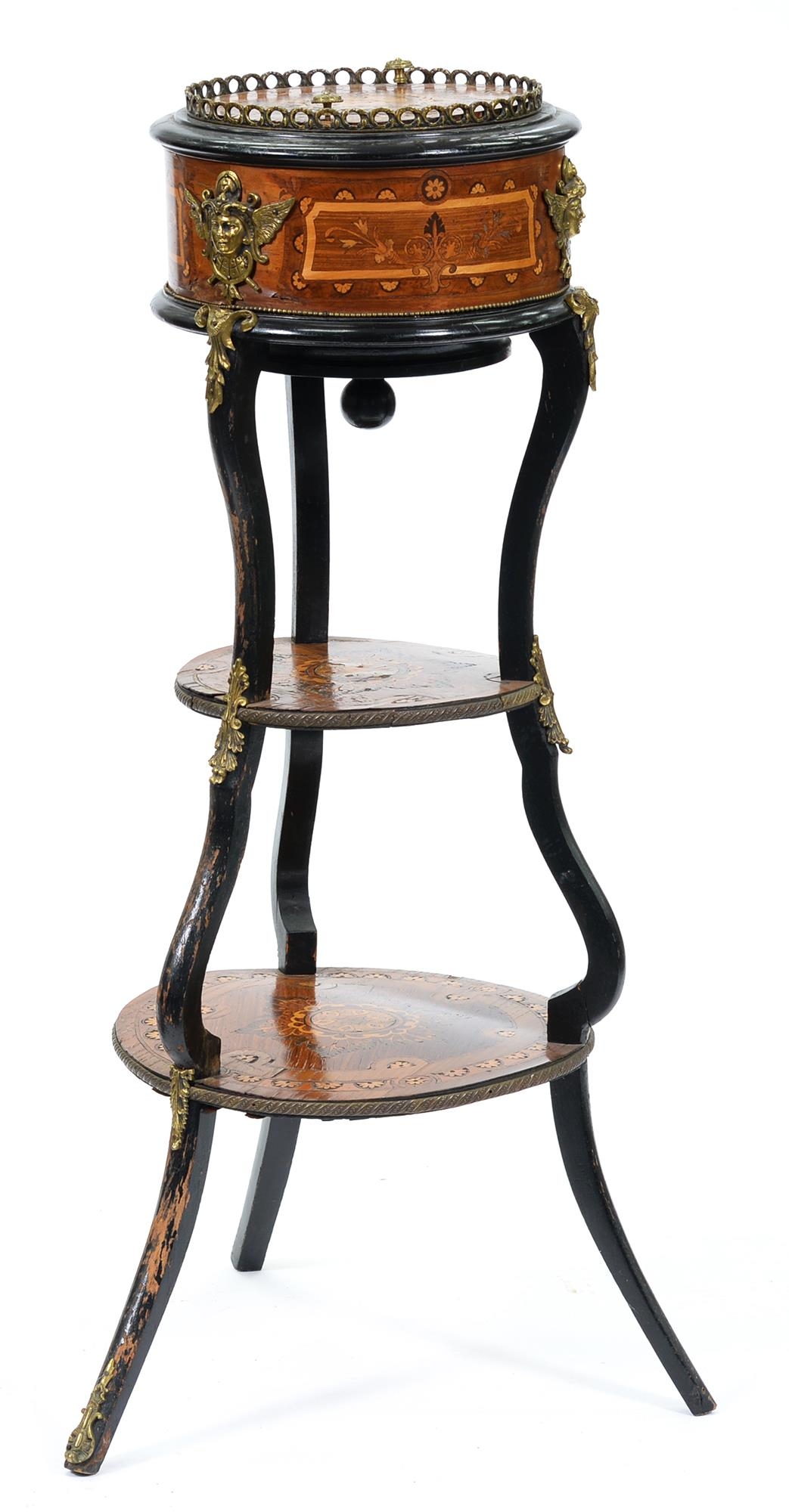 A French kingwood, marquetry and ebonised jardiniere, late 19th c,  with giltmetal mounts, the round