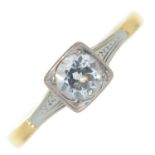 A diamond solitaire ring, the old cut diamond in square setting, gold hoop 1.9g, size K½