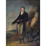 English School, 19th c - Portrait of a Regency Gentleman, small full-length, holding his hat and
