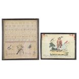 A Victorian linen sampler, Annie Field 1879, worked with musical instruments, bird, butterfly and