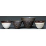 Studio Pottery. Four bowls, stoneware with cream lava and raku glazes, two incised with geometric