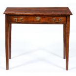 A George III fruitwood side table, the oversailing two piece top above scratch moulded drawer on