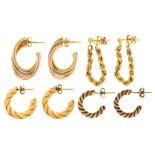 Four pairs of gold earrings, various sizes, two 9ct or marked 9ct, 6.5g, two marked 750, 5.2g Good