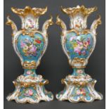 A pair of French revived rococo vases, c1850, painted with birds and flowers reserved on a bleu