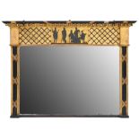 A Regency ebonised and giltwood and composition over mantel mirror, the trellis frieze with