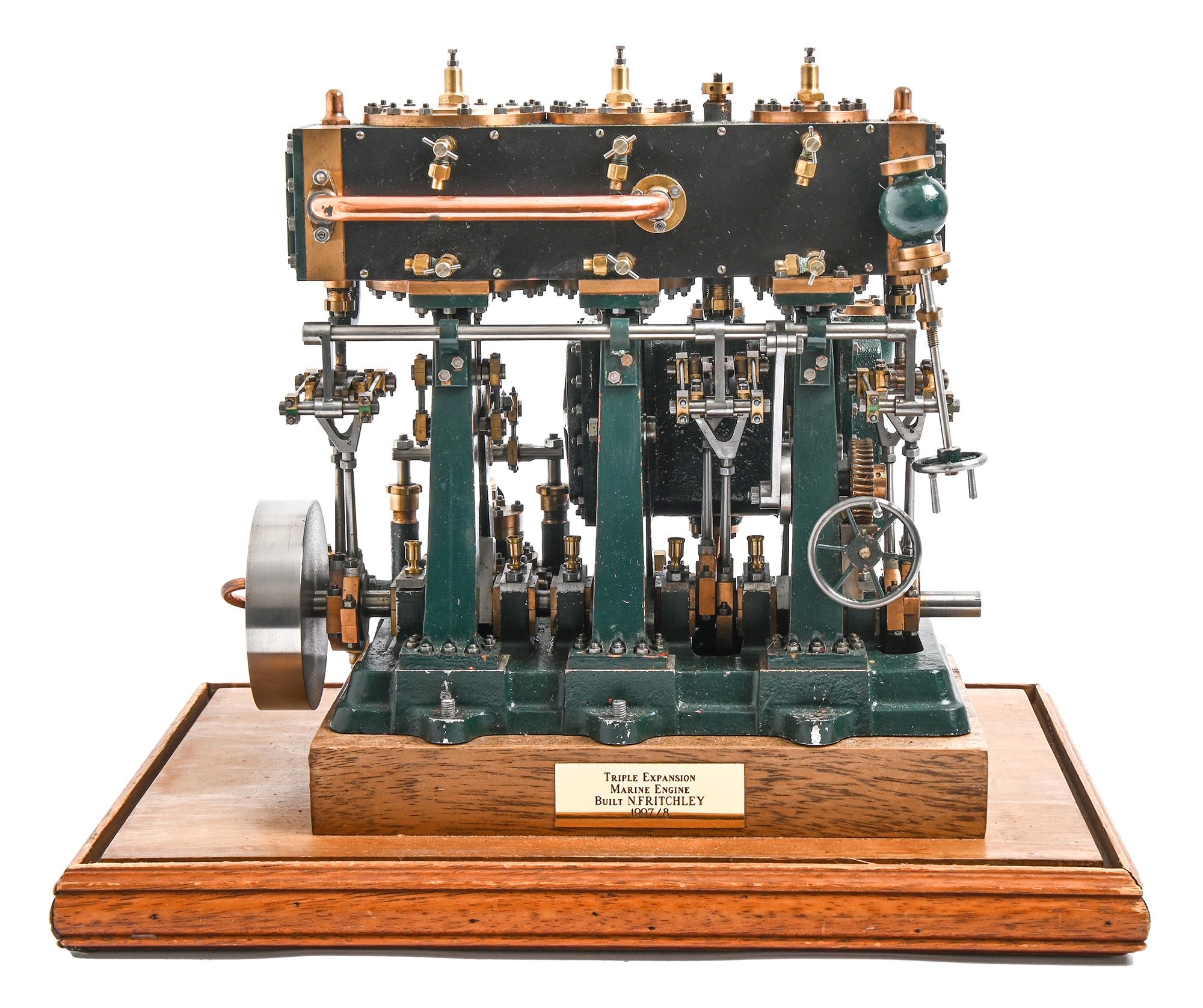 A well engineered model of a live steam triple expansion marine engine, built by N Fritchley,