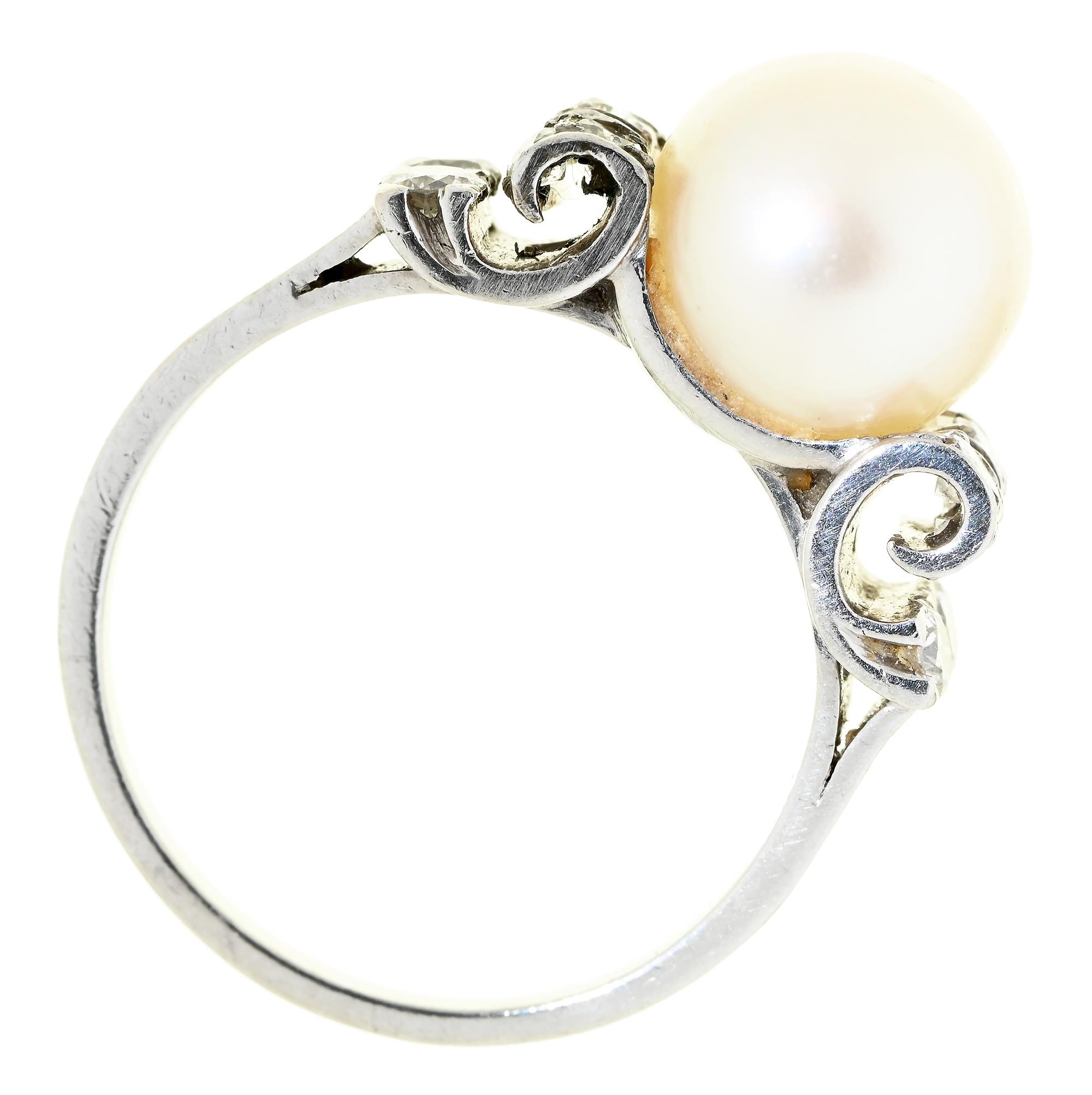 A cultured pearl and diamond ring, in platinum, unmarked, 5.4g, size J½ Light wear scratches on - Image 2 of 2