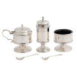 An Elizabeth II silver condiment set, blue glass liners, pepper caster 11cm h, by William Adams Ltd,