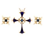 A diamond, sapphire and cultured pearl and gold and blue enamel cross and pair of earrings, in gold,