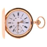 A Swiss 14ct gold quarter repeating keyless lever hunting cased watch, late 19th c, with enamel dial