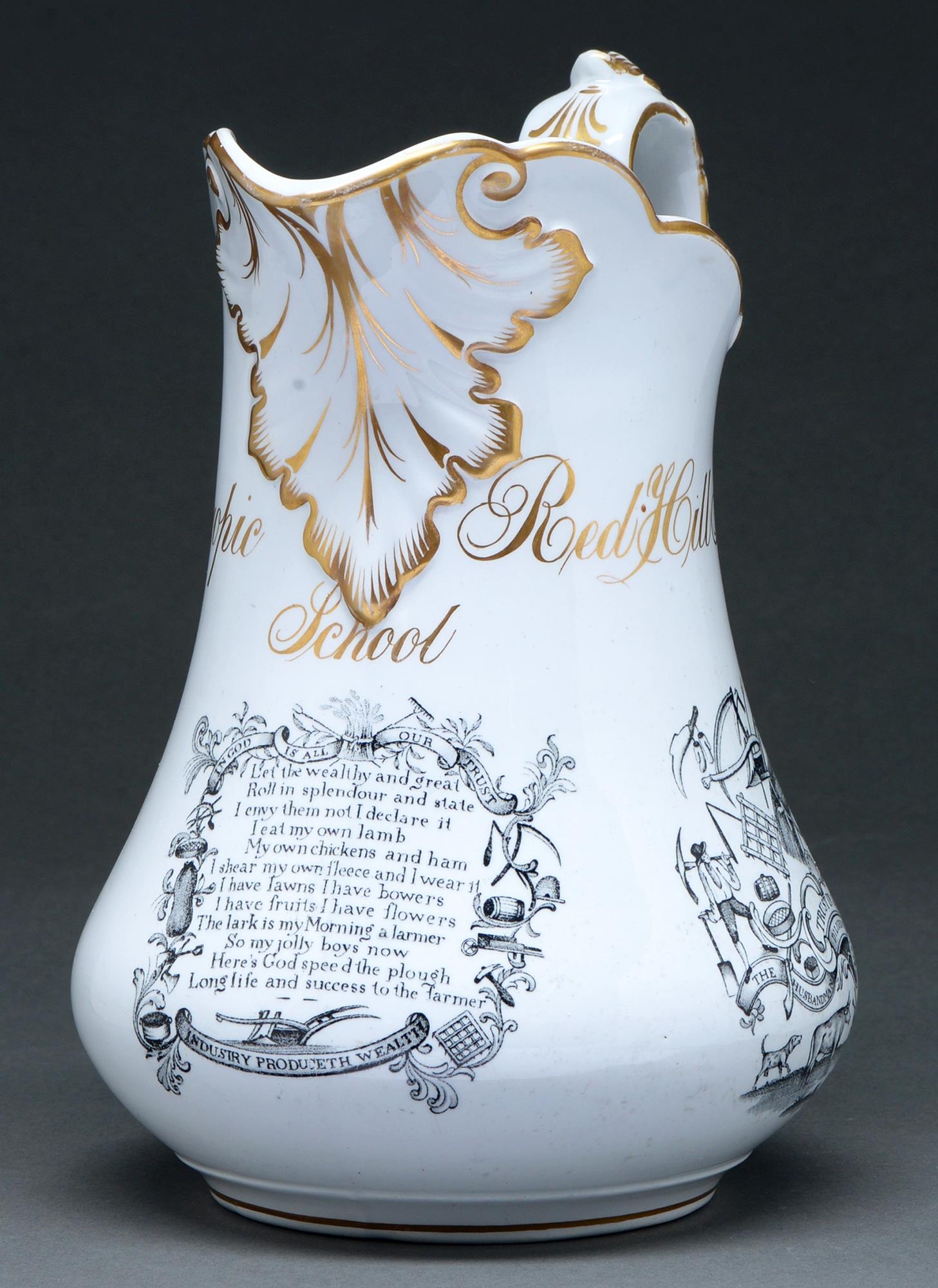 A Staffordshire white earthenware jug, c1860, with gilt inscription Philanthropic School Redhill - Image 2 of 2