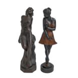 A bronze statuette of a young woman, on polished stone base, 44cm h and a bronzed metal sculpture of