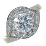 A diamond ring, the larger round brilliant cut diamond  approx 1.7ct, enveloped by two diamond set