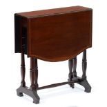 An Edwardian mahogany Sutherland table, crossbanded in satinwood, with serpentine leaves, 69cm h; 60