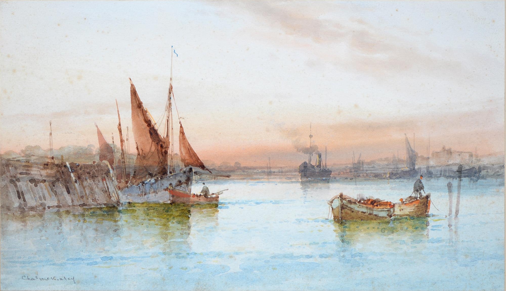 Charles McKinley - Harbour Scenes at Sunrise and Sunset, a pair, both signed, watercolours, 17 x