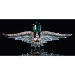 A green and colourless paste and silver and plique a jour enamel wings brooch, c1900, 67mm,