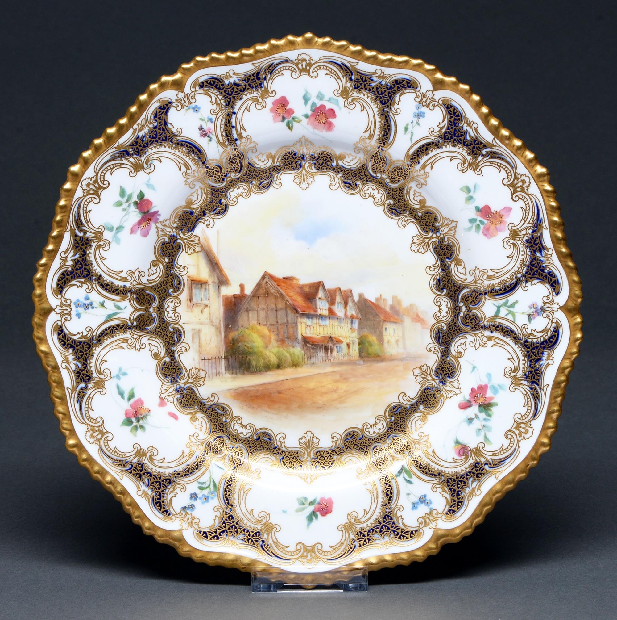 A Royal Worcester plate, 1907,  painted with Shakespeare's house, Stratford on Avon, unsigned,