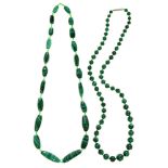 A necklace of malachite beads, 66cm l and a shorter necklace of larger oblong malachite beads (2)